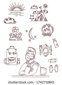 Vector line and strokes. The man sitting at the table is resting, closed his eyes and dreams of rest. Above him are travel pictures - a bonfire, mountains, a tent, a backpack, the moon and the sun