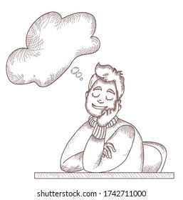 Vector line and strokes. A man sitting at a table is resting, closed his eyes and dreams