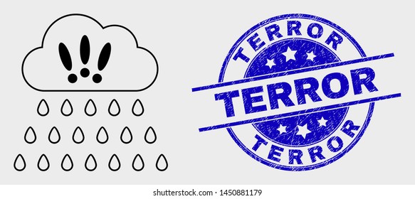 Vector line strong rain clouds pictogram and Terror stamp. Blue rounded scratched seal stamp with Terror caption. Black isolated strong rain clouds pictogram in contour style.