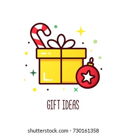 Vector line style christmas gift box. Cute illustration of gift box present, greeting, surprise. Greeting box or wrap gift box.