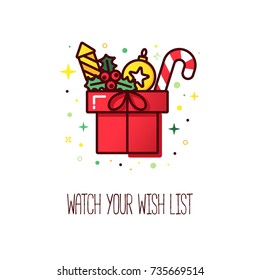 Vector line style christmas gift box. Cute illustration of gift box present, greeting, surprise. Greeting box or wrap gift box.