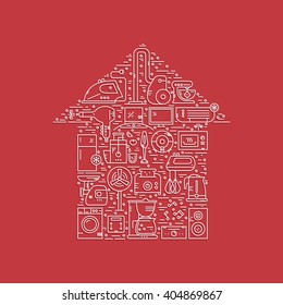 Vector line style concept with different house appliances arranged in a shape of a house. Vector illustration.