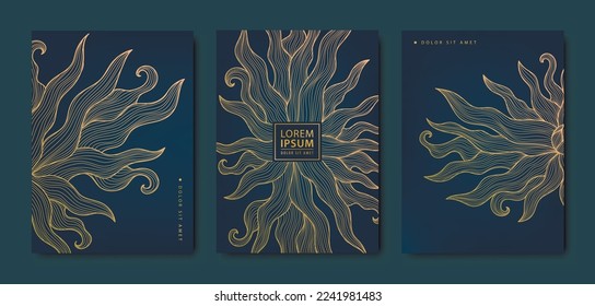 Vector line style covers, art deco patterns. Wavy sun rays, golden elements template in vintage style. Luxury black line  flyers, brochures, packaging design, social media post, banners, tarot