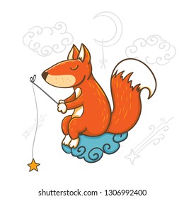 Vector in line style. Cute baby fox sleep or dreaming in cartoon style isolated on white background for kids fashion, funny fox for invitations, party, banners, baby shower, nursery