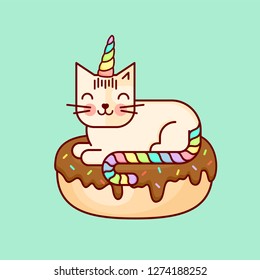 Vector line style cute bright colored kawaii cat with corn and donat or unicorn. "Donut worry be happy" lettering on background. Baby pattern. Illustration for kids and children. Print design.