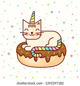 Vector line style cute bright colored kawaii cat with corn and donat or unicorn. Donut worry be happy background. Baby pattern. Illustration for kids and children. Print design.