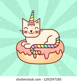 Vector line style cute bright colored kawaii cat with corn and donat or unicorn. Donut worry be happy background. Baby pattern. Illustration for kids and children. Print design.