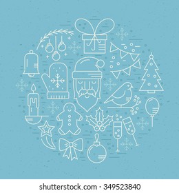 Vector line style design element for Christmas banners, postcards, flyers and invitations. Different Christmas symbols arranged in a circle. 