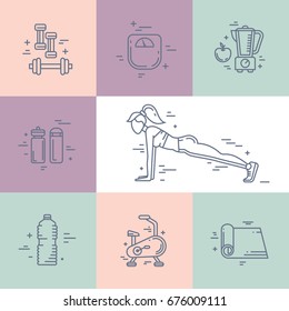 Vector line style design element of fitness recreation, sports diet and supplement. Gym and workout diet symbols. Modern flat linear pictogram concept. Simple vector material design of web graphics.