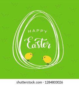 Vector line style easter eggs with a lettering text inside and two cute small yellow chicks on green grass . Holiday card.