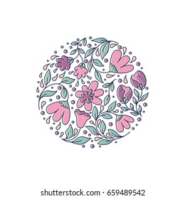 Vector line  style floral logo in a shape of a circle. Circle with flowers. Business identity for boutique, organic cosmetics or flower shop.