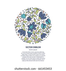Vector line  style floral logo in a shape of a circle. Circle with flowers and text. Business identity for boutique, organic cosmetics or flower shop.