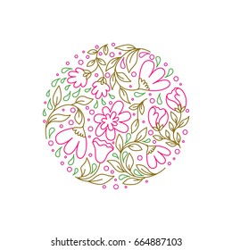 Vector line  style floral logo in a shape of a circle. Circle with flowers. Business identity for boutique, organic cosmetics or flower shop.