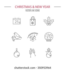 Vector line style icon collection with different christmas and new year objects. Clean and easy to edit. Icons can be used for web pages, apps and as christmas infographic elements.
