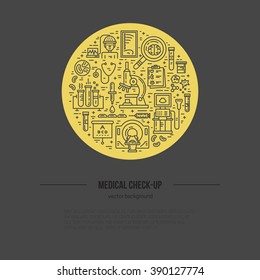 Vector line style illustration with different medical items - MRI, scan, microscope. Medical research poster.