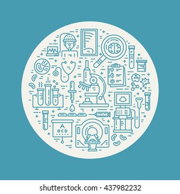 Vector line style illustration with different medical items - MRI, scan, microscope. Medical research poster.