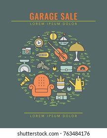 Vector line style illustration. Garage sale, yard sale flyer template. Design element for posters, banners, advertisings.
