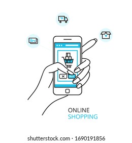 Vector line style illustration with hand holding mobile phone and finger touching buy button - online mobile shopping concept, online store, e-commerce concept.
