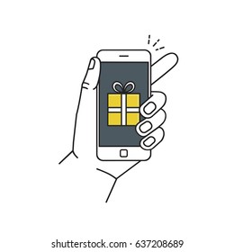 Vector line style illustration with hand holding mobile phone and gift box message. Graphic design concept of mobile greetings, news letter.