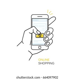 Vector line style illustration with hand holding mobile phone and finger touching buy button - online mobile shopping concept, online store, e-commerce concept.