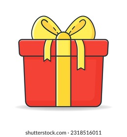 Vector line style logo gift box red color. Cute illustration of gift box, greeting, surprise. Vector illustration on white.