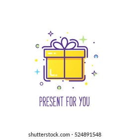 Vector line style logo gift box with a bow. Cute illustration of gift box present, greeting, surprise. Greeting box or wrap gift box.