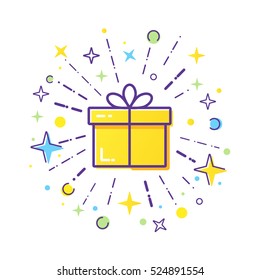 Vector line style logo gift box with a firework. Cute illustration of gift box present, greeting, surprise.