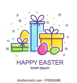 Logo de estilo vectorial con cajas de regalo y huevos de Pascua. Plantilla de negocio fácil de usar. Cuta ilustración de la caja regalo presente, saludo, sorpresa.