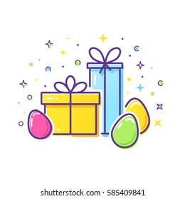 Vector line style logo with gift boxes and easter eggs. Easy to use business template. Cute illustration of gift box present, greeting, surprise.