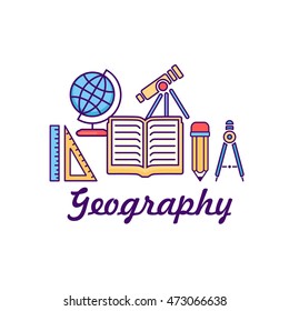 Vector line style school and educations colored background. Geography pattern with linear icons set. 