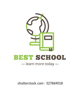 Vector line style school logo. Study logotype with globe and book.