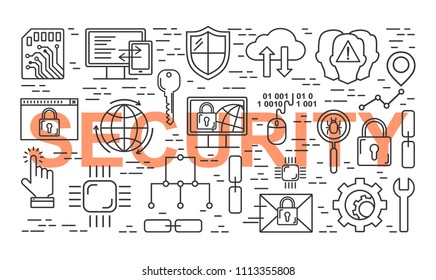 Vector line style seamless internet security pattern. Data protection linear concept. Web privacy and safety outlune background.