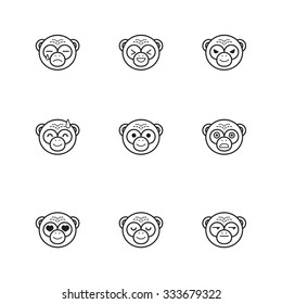 Vector line style set of funny cartoon monkey faces