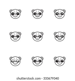 Vector line style set of funny cartoon panda faces