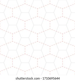 Vector line subtle hexagon seamless pattern of mesh. Simple delicate geometric texture. Dashed line. Decorative design element. White background.
