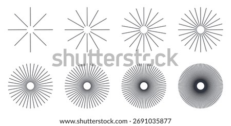 Vector line sunburst icons. Abstract radial rays, concentric star beams and circular explosion shapes. Editable stroke set, black outline symbols, isolated on white. Minimal graphic style elements.