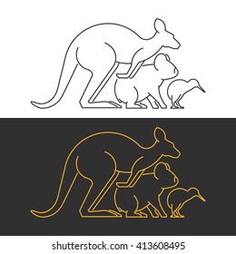 Vector line symbol australian and new zealand animals on white and black background.