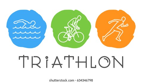 Vector line symbol for triathlon. Figures triathletes on white background. Swim, bike and run.