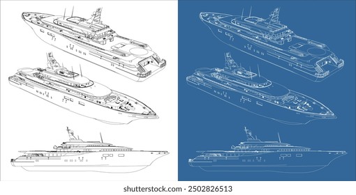 Dibujo técnico de la línea de Vector del yate del velero moderno aislado en fondo transparente