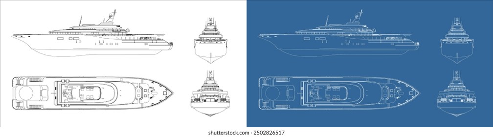 vector line technical drawing of sailboat yacht modern isolated in transparent background