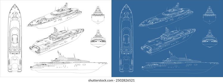 vector line technical drawing of sailboat yacht modern isolated in transparent background