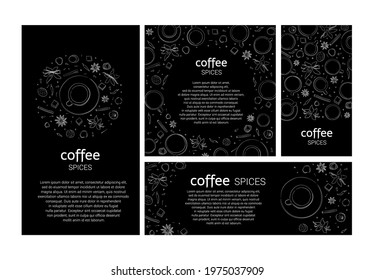 Vector line templates of coffee or tea spices for cards, invitations, menus, banners. Graphic hand drawings in sketch style. Anise, cinnamon, cloves, peppers, nutmeg, ginger on a black background