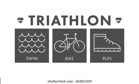 Vector line triathlon logo and symbol. Black and white figure triathletes. Swimming, cycling and running. Sport label and badge.