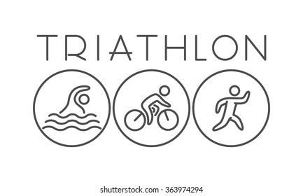 Vector line triathlon logo and symbol. Black figure triathletes.