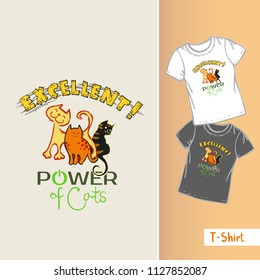 Vector line t-shirt template.Three hand drawn funny cats and the inscription Exellent POWER OF CAT.