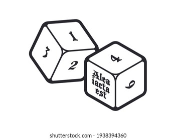 Vector line two 6 sided dice with Latin inscription: The dice are thrown. Board Games. Isolated on white background.