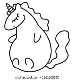 Vector line unicorn illustration. Happy unicorn with closed eyes.Line illustration for coloring book. Children's vector unicorn illustration in different poses
