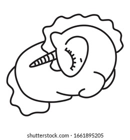 Vector line unicorn illustration. Happy unicorn with closed eyes.Line illustration for coloring book. Children's vector unicorn illustration in different poses