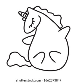 Vector line unicorn illustration. Happy unicorn with closed eyes.Line illustration for coloring book. Children's vector unicorn illustration in different poses