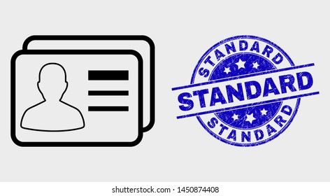 Vector line user cards pictogram and Standard seal stamp. Blue rounded textured seal stamp with Standard caption. Black isolated user cards pictogram in line style.